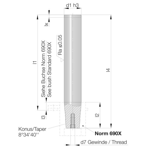 Lieferumfang: Schraube und Unterlagsscheibe
Werkstoff Führungssäule: 100Cr6 (1.3505), induktiv gehärtet 62-64 HRC, Tiefe 1,5 + 1mm